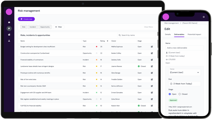 A risk management tool for a renewable energy company displayed on mobile and tablet